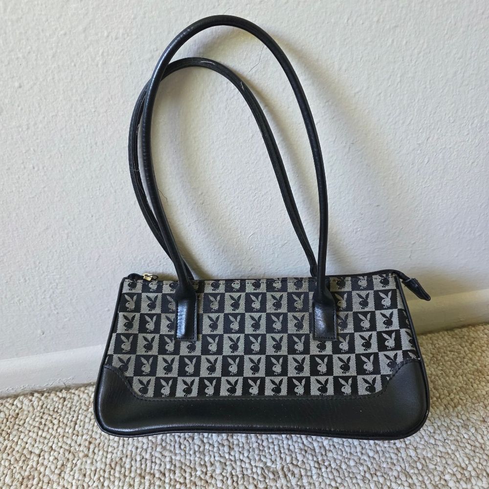 Vintage Y2k Playboy Monogram Shoulder Bag Black And Grey Checkerboard Print